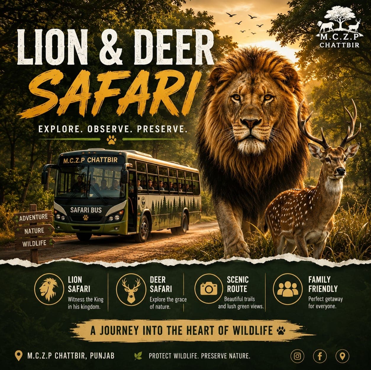 Lion and Deer Safari promotional poster showing the safari bus, a lion and a deer